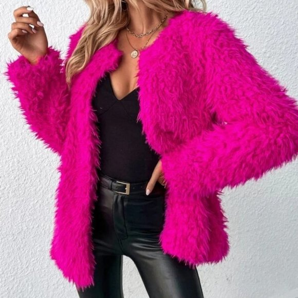 hot Pink Faux fur teddy open front coat jacket trendy contemporary barbie-core - Picture 2 of 6